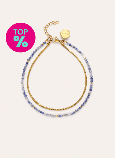 Tobillera Doble Cleopatra Azul Acero Baño Oro