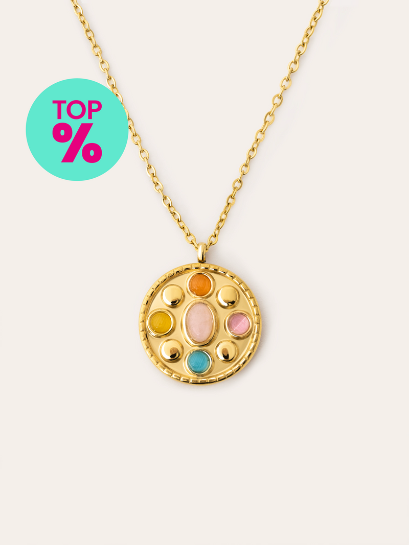 Collar Medallion Five Stones Acero Baño Oro