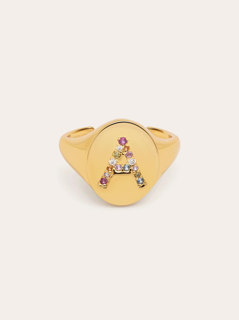Anillo Personalizado Signet Letter Colors Baño Oro