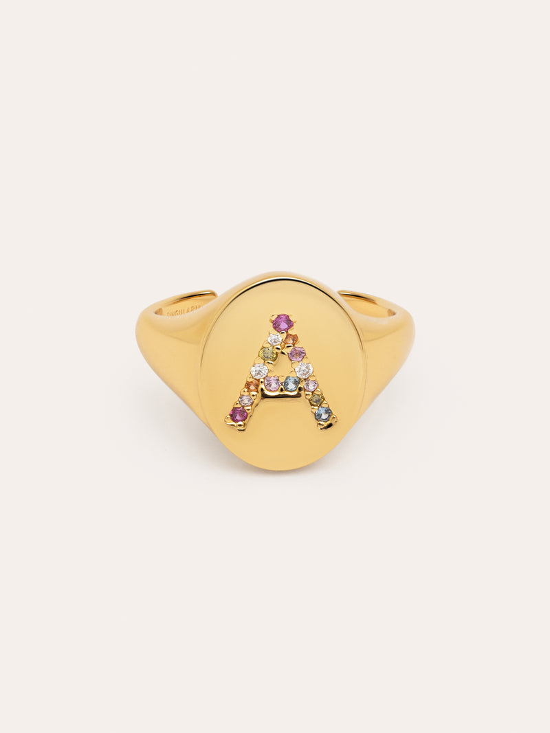 Anillo Personalizado Signet Letter Colors Baño Oro