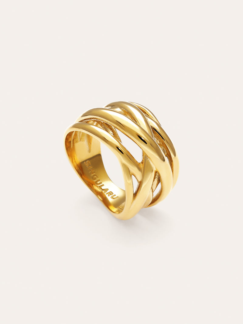 Anillo Triple Cross Acero Baño Oro