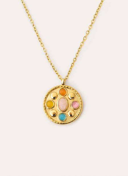 Medallion Five Stones Stainless Steeel Gold Necklace