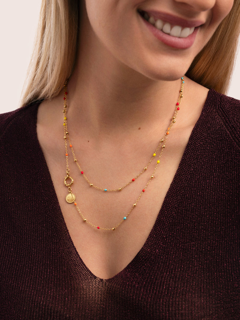 Collar Long Dots L Colors Enamel Acero Baño Oro