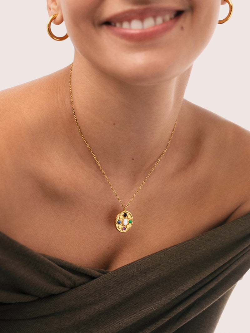 Collier Medallion Five Stones Mística Acier Plaqué Or