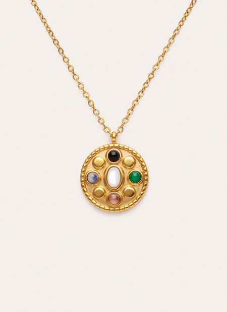 Collier Medallion Five Stones Mística Acier Plaqué Or