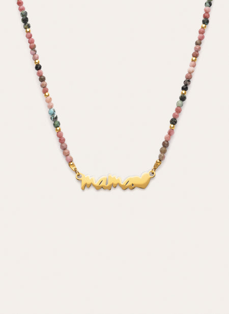 Collar Mamá Heart Tourmaline Acero Baño Oro
